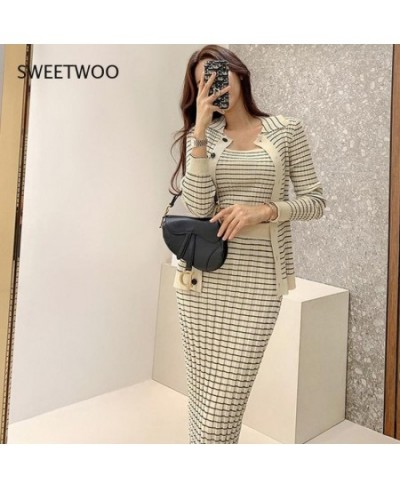 Korean Knitting 3 Pieces Set Women Knitted Sling + Cardigan and Pencil Skirts Casual Simple Office Lady Skirt Suit $63.64 - S...