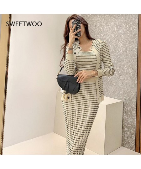 Korean Knitting 3 Pieces Set Women Knitted Sling + Cardigan and Pencil Skirts Casual Simple Office Lady Skirt Suit $63.64 - S...