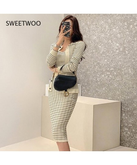 Korean Knitting 3 Pieces Set Women Knitted Sling + Cardigan and Pencil Skirts Casual Simple Office Lady Skirt Suit $63.64 - S...