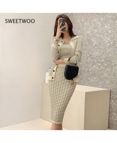 Korean Knitting 3 Pieces Set Women Knitted Sling + Cardigan and Pencil Skirts Casual Simple Office Lady Skirt Suit $63.64 - S...