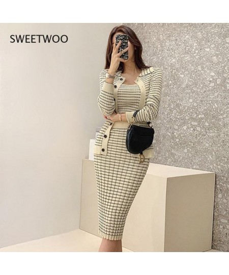 Korean Knitting 3 Pieces Set Women Knitted Sling + Cardigan and Pencil Skirts Casual Simple Office Lady Skirt Suit $63.64 - S...