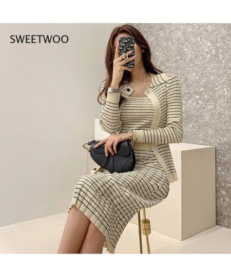 Korean Knitting 3 Pieces Set Women Knitted Sling + Cardigan and Pencil Skirts Casual Simple Office Lady Skirt Suit $63.64 - S...