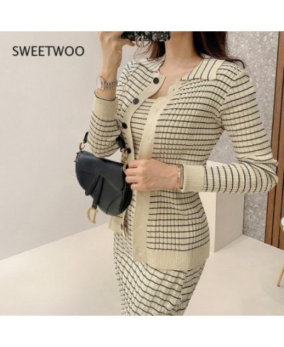 Korean Knitting 3 Pieces Set Women Knitted Sling + Cardigan and Pencil Skirts Casual Simple Office Lady Skirt Suit $63.64 - S...