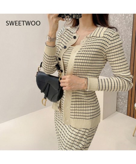 Korean Knitting 3 Pieces Set Women Knitted Sling + Cardigan and Pencil Skirts Casual Simple Office Lady Skirt Suit $63.64 - S...