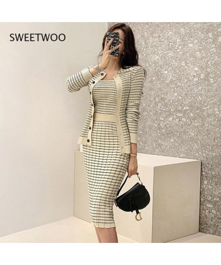 Korean Knitting 3 Pieces Set Women Knitted Sling + Cardigan and Pencil Skirts Casual Simple Office Lady Skirt Suit $63.64 - S...