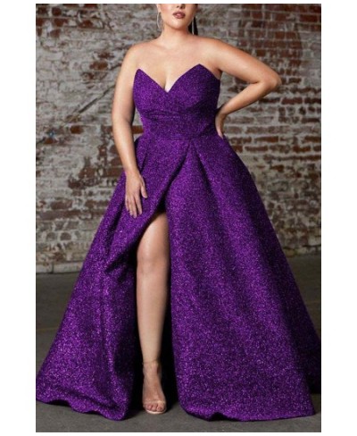 Plus Size Bright Silk Glitter Strapless Maxi Dress Women Elegant Ruched Split Party Evening Dress Ladies Prom Gown Vestidos 5...