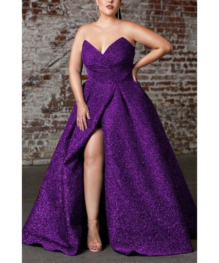 Plus Size Bright Silk Glitter Strapless Maxi Dress Women Elegant Ruched Split Party Evening Dress Ladies Prom Gown Vestidos 5...