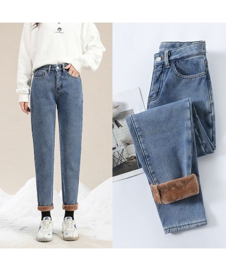 Winter Loose Straight Pants High Waist Women's Velvet Warm Ankle Length Jeans Thick Fleeces Denim Trousers Female Hot Snow 38...