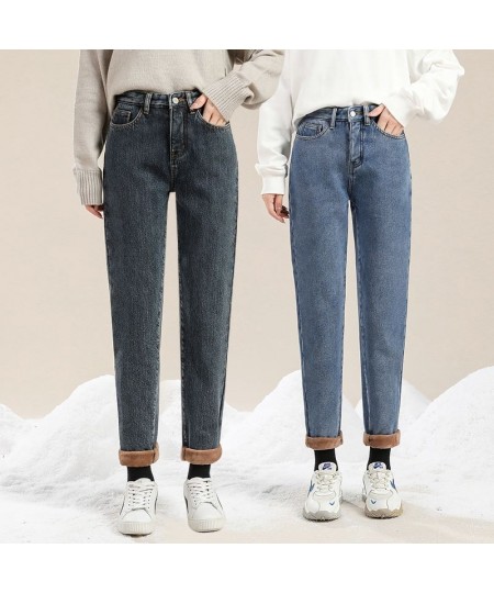 Winter Loose Straight Pants High Waist Women's Velvet Warm Ankle Length Jeans Thick Fleeces Denim Trousers Female Hot Snow 38...