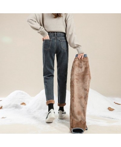 Winter Loose Straight Pants High Waist Women's Velvet Warm Ankle Length Jeans Thick Fleeces Denim Trousers Female Hot Snow 38...