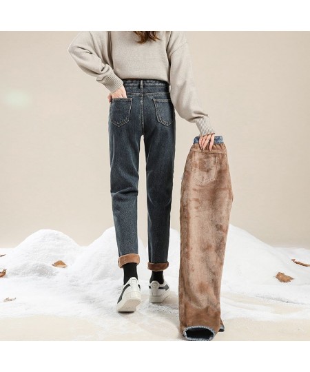 Winter Loose Straight Pants High Waist Women's Velvet Warm Ankle Length Jeans Thick Fleeces Denim Trousers Female Hot Snow 38...