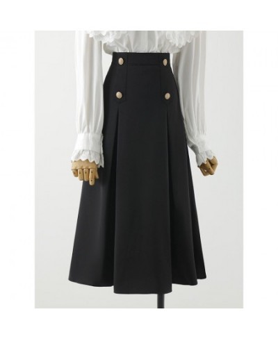 Black Colour Pleated A-line Skirt England Style Empire Mid-calf Double Row Gold Buttons Design Autumn Winter Vintage $38.02 -...