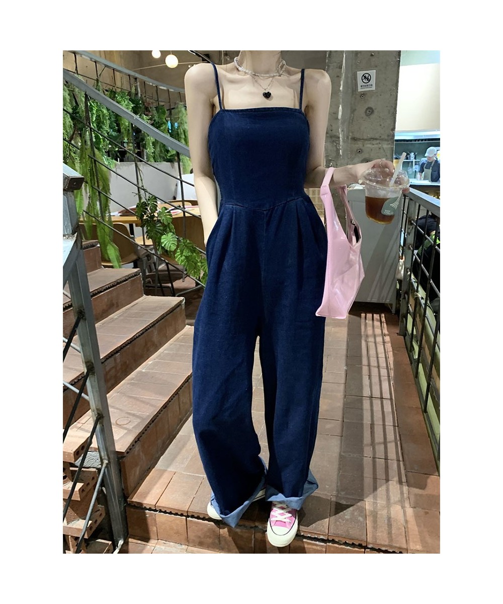 Vintage Women Blue Denim Romper Sexy Spaghetti Strap Draped Jumpsuits Female Elegant Slash Neck Sleeveless High Waist Playsui...