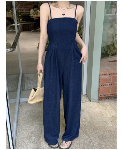 Vintage Women Blue Denim Romper Sexy Spaghetti Strap Draped Jumpsuits Female Elegant Slash Neck Sleeveless High Waist Playsui...