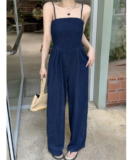 Vintage Women Blue Denim Romper Sexy Spaghetti Strap Draped Jumpsuits Female Elegant Slash Neck Sleeveless High Waist Playsui...