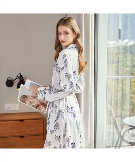 Ladies Cool Smooth Silk Imitation Silk Gown Lace-up Print Bathrobe European American Fashion High-quality Soft Nightwear Dres...