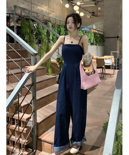 Vintage Women Blue Denim Romper Sexy Spaghetti Strap Draped Jumpsuits Female Elegant Slash Neck Sleeveless High Waist Playsui...