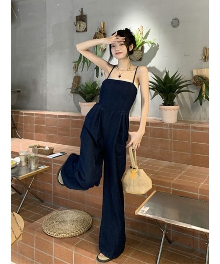 Vintage Women Blue Denim Romper Sexy Spaghetti Strap Draped Jumpsuits Female Elegant Slash Neck Sleeveless High Waist Playsui...