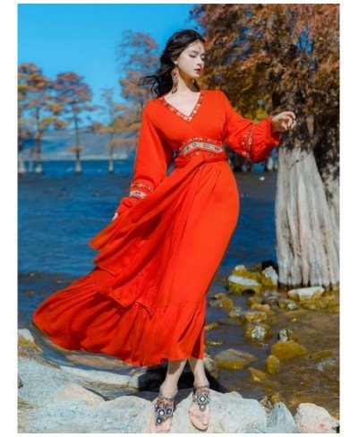 Red Chiffon Dress Long Sleeves High Waist Deep V-neck Loose Large Hem Hot Fixes Women Photography Maxi Dress $68.03 - Dresses