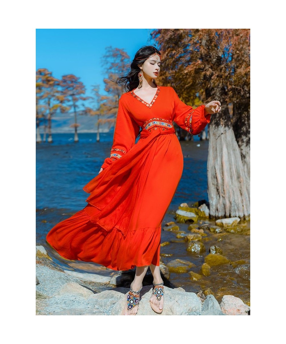 Red Chiffon Dress Long Sleeves High Waist Deep V-neck Loose Large Hem Hot Fixes Women Photography Maxi Dress $68.03 - Dresses