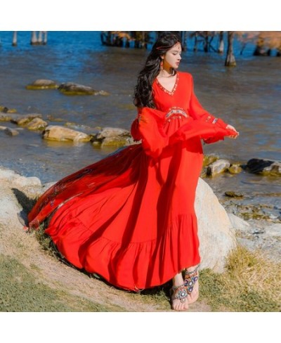 Red Chiffon Dress Long Sleeves High Waist Deep V-neck Loose Large Hem Hot Fixes Women Photography Maxi Dress $68.03 - Dresses