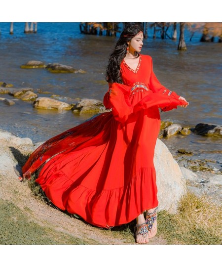 Red Chiffon Dress Long Sleeves High Waist Deep V-neck Loose Large Hem Hot Fixes Women Photography Maxi Dress $68.03 - Dresses