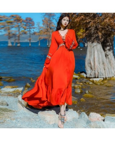 Red Chiffon Dress Long Sleeves High Waist Deep V-neck Loose Large Hem Hot Fixes Women Photography Maxi Dress $68.03 - Dresses