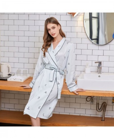 Ladies Cool Smooth Silk Imitation Silk Gown Lace-up Print Bathrobe European American Fashion High-quality Soft Nightwear Dres...