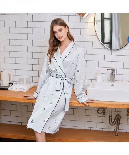 Ladies Cool Smooth Silk Imitation Silk Gown Lace-up Print Bathrobe European American Fashion High-quality Soft Nightwear Dres...