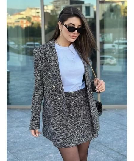 White Black Double Breasted Women Winter New Coat Blazer Suit Office Mini Skirt Back Zip Dress Set Fall Outfit Vintage $89.18...