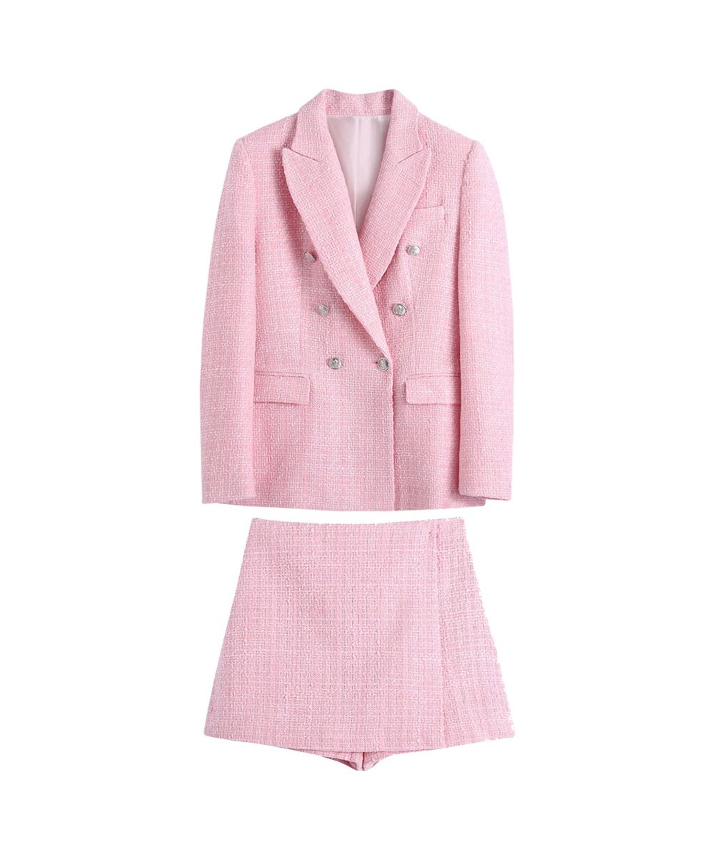 2022 Women Sweet Pink Double Breasted Plaid Texture Blazer Coat Jacket + Fashion Ladies High Street Skirt Outwear Sets $98.20...