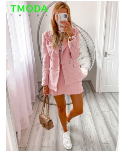 2022 Women Sweet Pink Double Breasted Plaid Texture Blazer Coat Jacket + Fashion Ladies High Street Skirt Outwear Sets $98.20...