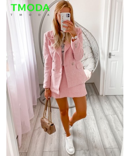 2022 Women Sweet Pink Double Breasted Plaid Texture Blazer Coat Jacket + Fashion Ladies High Street Skirt Outwear Sets $98.20...