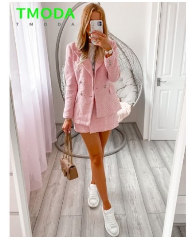 2022 Women Sweet Pink Double Breasted Plaid Texture Blazer Coat Jacket + Fashion Ladies High Street Skirt Outwear Sets $98.20...