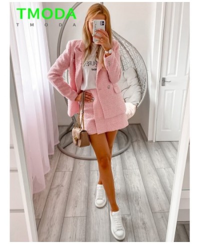 2022 Women Sweet Pink Double Breasted Plaid Texture Blazer Coat Jacket + Fashion Ladies High Street Skirt Outwear Sets $98.20...