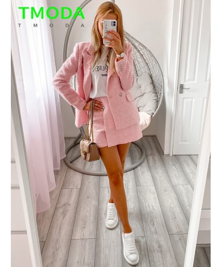 2022 Women Sweet Pink Double Breasted Plaid Texture Blazer Coat Jacket + Fashion Ladies High Street Skirt Outwear Sets $98.20...