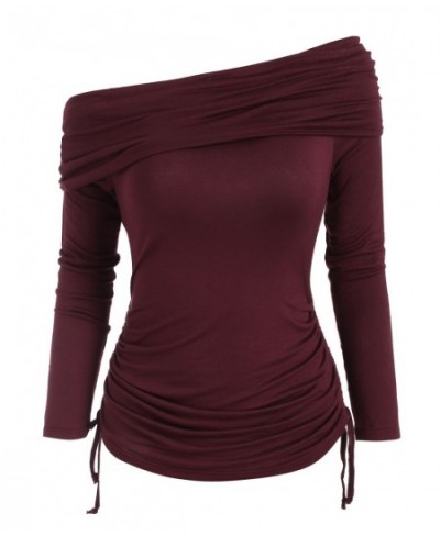 Casual T Shirt Women Foldover Off Shoulder Cinched T-Shirt Solid Basic Long Sleeve Autumn Feminina Ladies Fashion Tops $31.62...