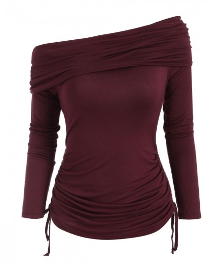 Casual T Shirt Women Foldover Off Shoulder Cinched T-Shirt Solid Basic Long Sleeve Autumn Feminina Ladies Fashion Tops $31.62...