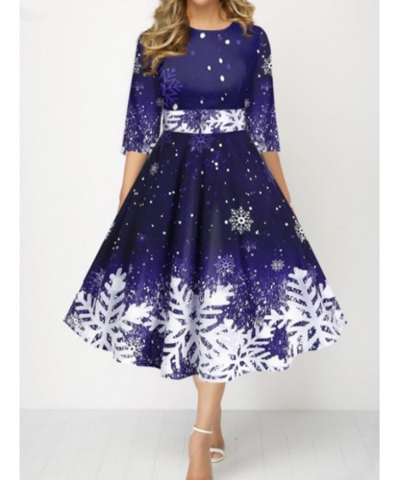 Women Christmas Party Dresses Clothing New Year Snowflake Print Half Sleeve High Waist Dress Fashion Autumn Winter 2022 2023 ...