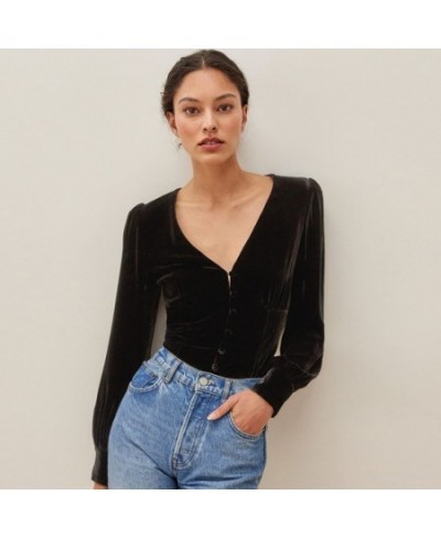 French V-neck Women's Sexy Slim Blouse 2023 Early Spring Ladies Long Sleeve Velvet Shirt and Top Female Clothes $91.40 - Tops...