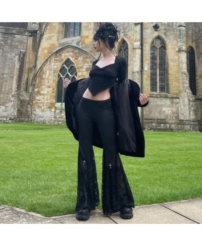 Goth Mall Flare Pants Sexy Black Lace Patchwork High Waist Vintage Harajuku Hippie Punk Grunge Streetwear Y2k Pants $41.50 - ...