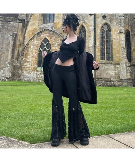 Goth Mall Flare Pants Sexy Black Lace Patchwork High Waist Vintage Harajuku Hippie Punk Grunge Streetwear Y2k Pants $41.50 - ...