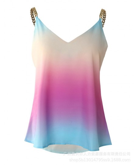 2022 Summer New Women's Casual Chic Ombre Sexy V-Neck Chain Sleeveless Sling Vacation Top T-Shirt $25.57 - Tops & Tees