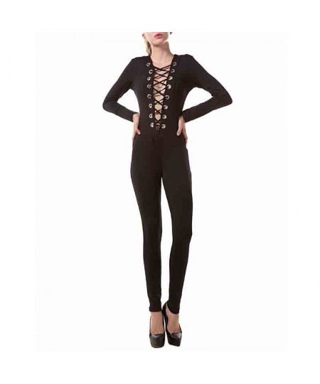 Deep V Neck Lace Up Jumpsuit Sexy Bodycon Wear Long Sleeve Fashion Body Feminino Rompers Womens Jumpsuit $38.00 - Jumpsuits