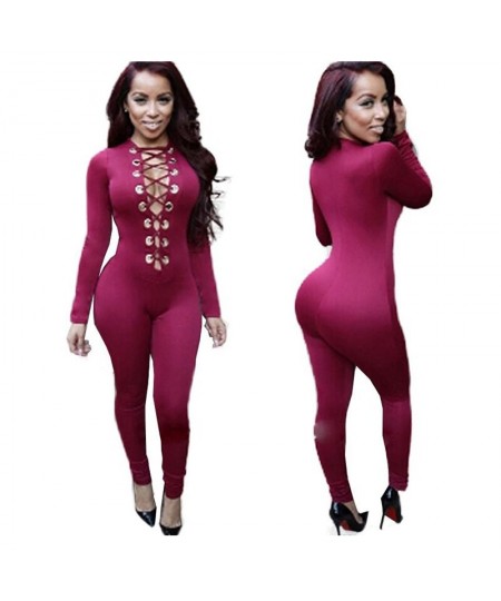 Deep V Neck Lace Up Jumpsuit Sexy Bodycon Wear Long Sleeve Fashion Body Feminino Rompers Womens Jumpsuit $38.00 - Jumpsuits