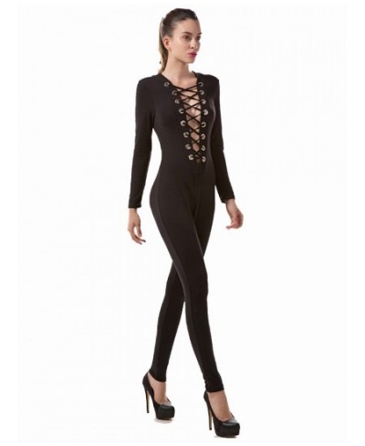 Deep V Neck Lace Up Jumpsuit Sexy Bodycon Wear Long Sleeve Fashion Body Feminino Rompers Womens Jumpsuit $38.00 - Jumpsuits