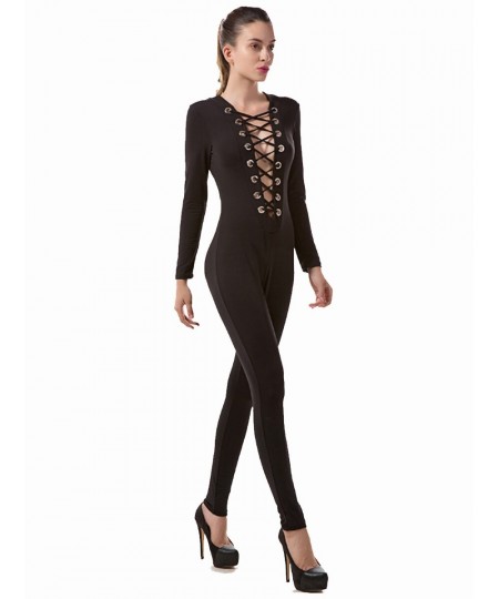 Deep V Neck Lace Up Jumpsuit Sexy Bodycon Wear Long Sleeve Fashion Body Feminino Rompers Womens Jumpsuit $38.00 - Jumpsuits