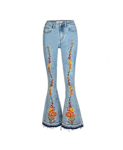 Light Blue Denim Trousers Mopping Pants Mid-waist Flowers Embroidery Peal Denim Pants Women Casual Streetwear Tassel Flare $6...