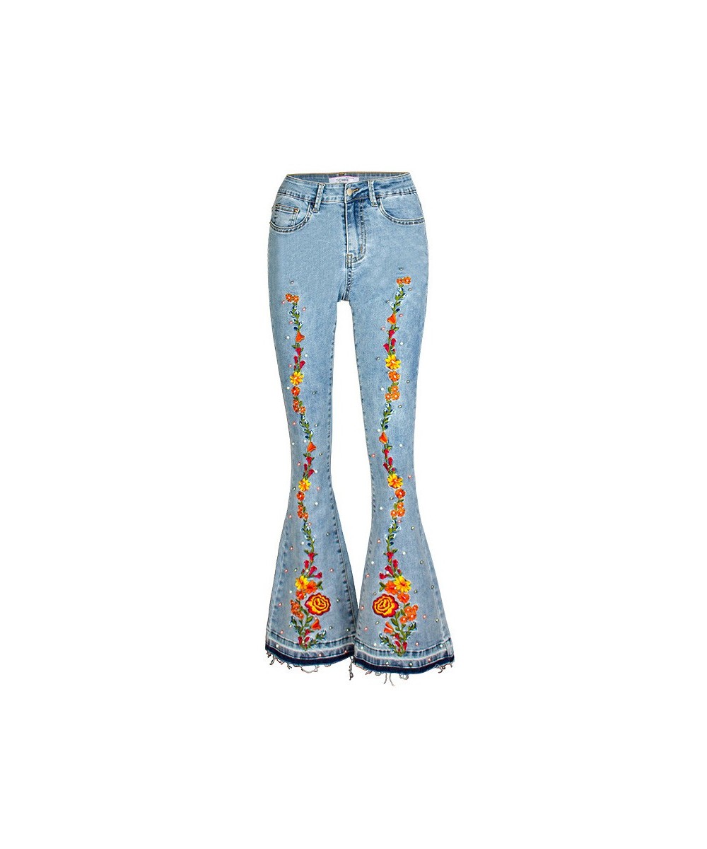 Light Blue Denim Trousers Mopping Pants Mid-waist Flowers Embroidery Peal Denim Pants Women Casual Streetwear Tassel Flare $6...