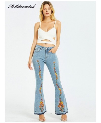 Light Blue Denim Trousers Mopping Pants Mid-waist Flowers Embroidery Peal Denim Pants Women Casual Streetwear Tassel Flare $6...